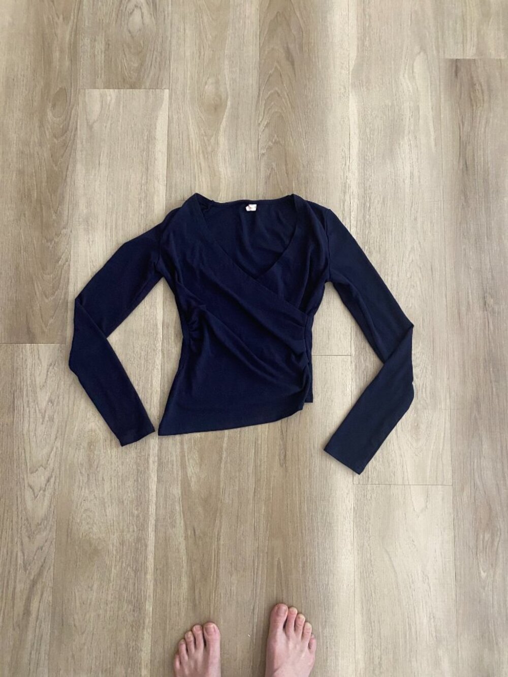 Darong Navy Ruched Asymmetrical Top XS | Long Sleeve Slim Fit Wrap Style Shirt - Picture 3 of 7